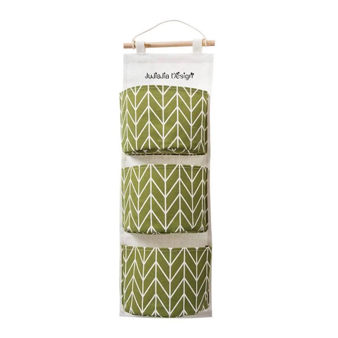 Hanging Storage Bag made from durable linen cloth with waterproof coating, featuring three spacious pockets for convenient organisation