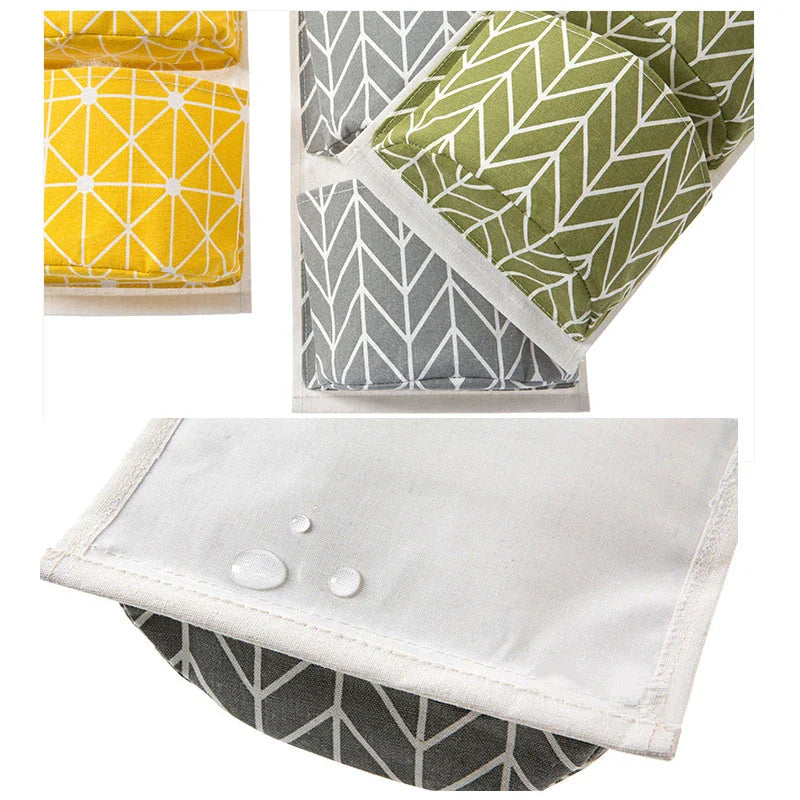 Hanging Storage Bag made from durable linen cloth with waterproof coating, featuring three spacious pockets for convenient organisation