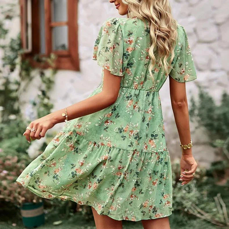 Elegant V-neck chiffon A-line dress with flying sleeves, suitable for office, casual outings, and special occasions