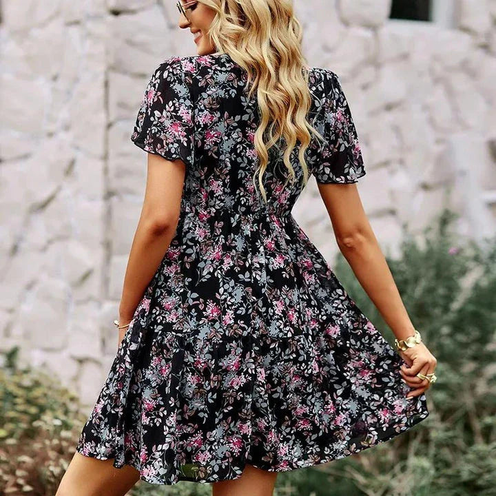 Elegant V-neck chiffon A-line dress with flying sleeves, suitable for office, casual outings, and special occasions