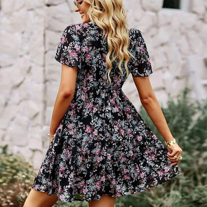Elegant V-neck chiffon A-line dress with flying sleeves, suitable for office, casual outings, and special occasions