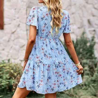 Elegant V-neck chiffon A-line dress with flying sleeves, suitable for office, casual outings, and special occasions