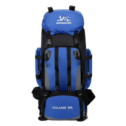 Premium waterproof nylon outdoor hiking backpack in blue colour with multiple pockets and padded shoulder straps