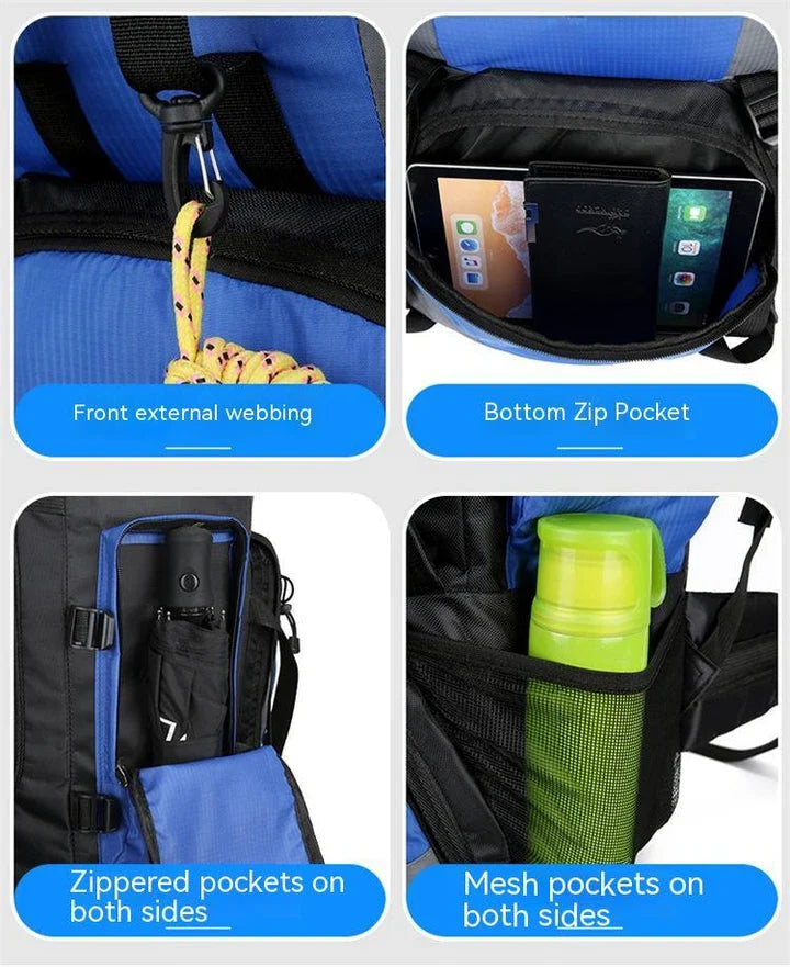 Premium waterproof nylon outdoor hiking backpack in blue colour with multiple pockets and padded shoulder straps