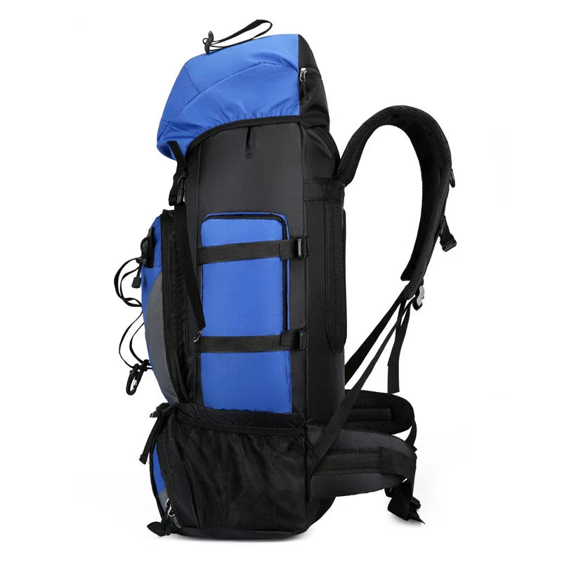 Premium waterproof nylon outdoor hiking backpack in blue colour with multiple pockets and padded shoulder straps