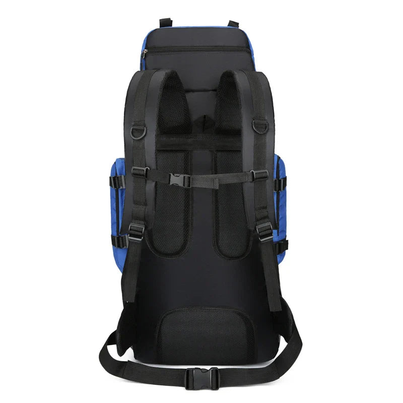Premium waterproof nylon outdoor hiking backpack in blue colour with multiple pockets and padded shoulder straps