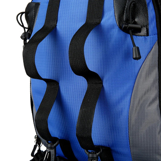 Premium waterproof nylon outdoor hiking backpack in blue colour with multiple pockets and padded shoulder straps