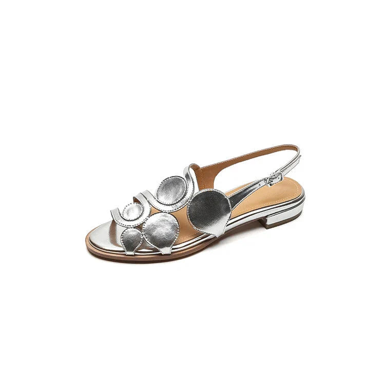 Chic sheepskin round toe sandals with chunky heel and hollow out design in silver colour