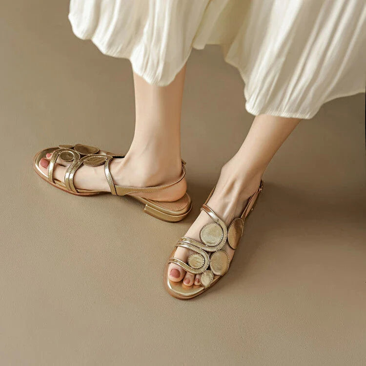 Chic sheepskin round toe sandals with chunky heel and hollow out design in silver colour