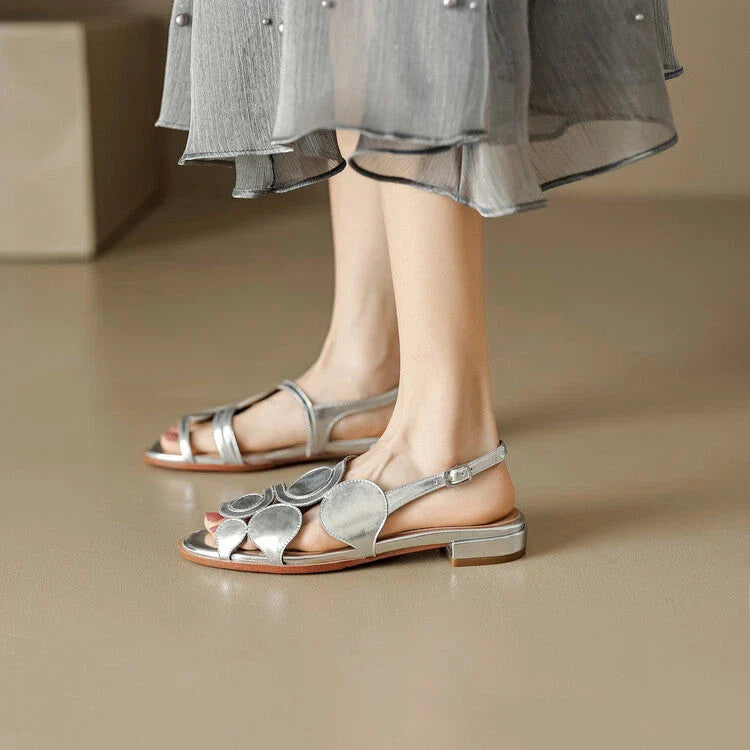 Chic sheepskin round toe sandals with chunky heel and hollow out design in silver colour