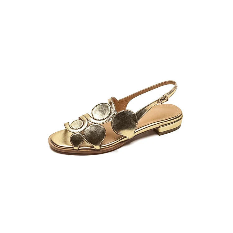 Chic sheepskin round toe sandals with chunky heel and hollow out design in silver colour