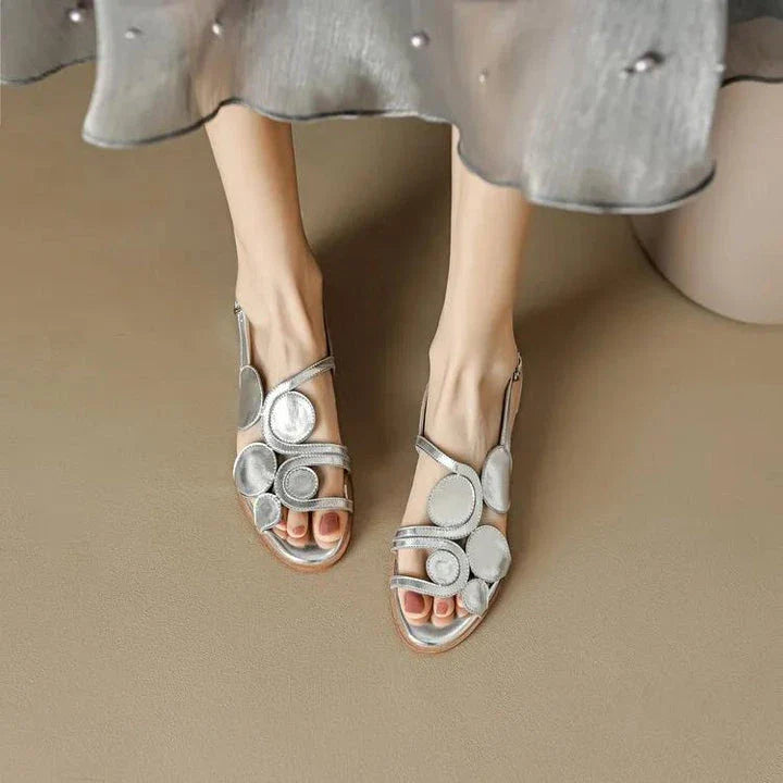 Chic sheepskin round toe sandals with chunky heel and hollow out design in silver colour