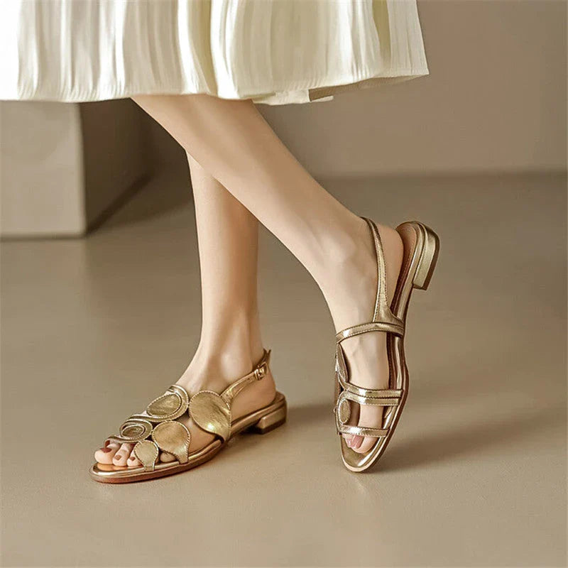 Chic sheepskin round toe sandals with chunky heel and hollow out design in silver colour