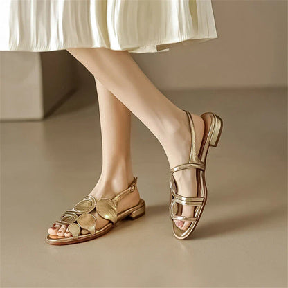 Chic sheepskin round toe sandals with chunky heel and hollow out design in silver colour
