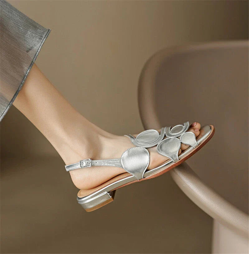 Chic sheepskin round toe sandals with chunky heel and hollow out design in silver colour