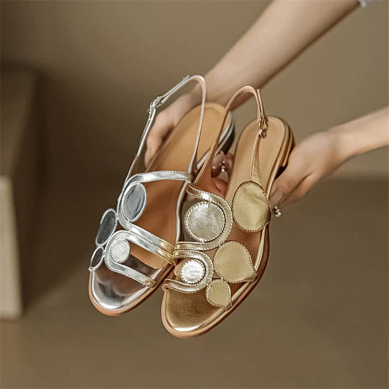 Chic sheepskin round toe sandals with chunky heel and hollow out design in silver colour