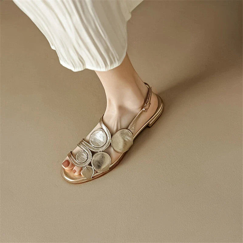 Chic sheepskin round toe sandals with chunky heel and hollow out design in silver colour