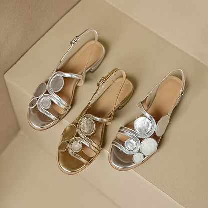 Chic sheepskin round toe sandals with chunky heel and hollow out design in silver colour
