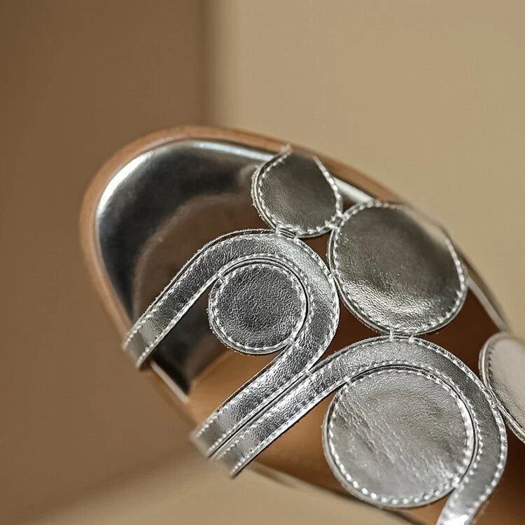 Chic sheepskin round toe sandals with chunky heel and hollow out design in silver colour