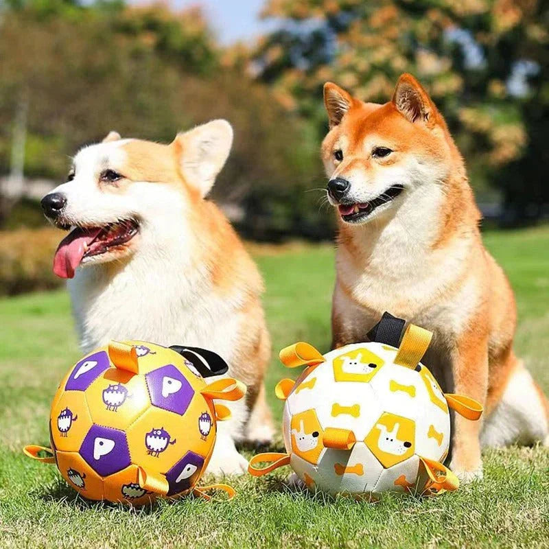 An interactive dog toy in the shape of a football, featuring easy-to-grab tabs for engaging playtime.