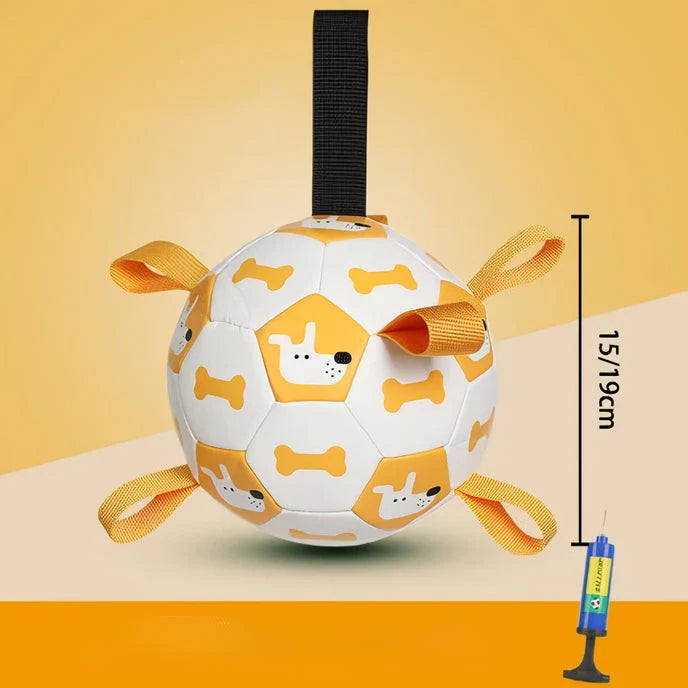An interactive dog toy in the shape of a football, featuring easy-to-grab tabs for engaging playtime.
