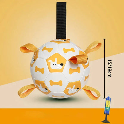 An interactive dog toy in the shape of a football, featuring easy-to-grab tabs for engaging playtime.
