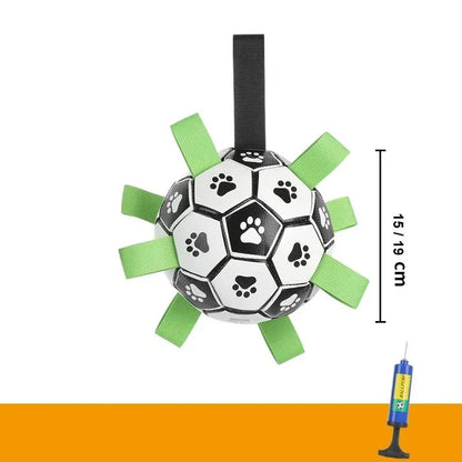 An interactive dog toy in the shape of a football, featuring easy-to-grab tabs for engaging playtime.
