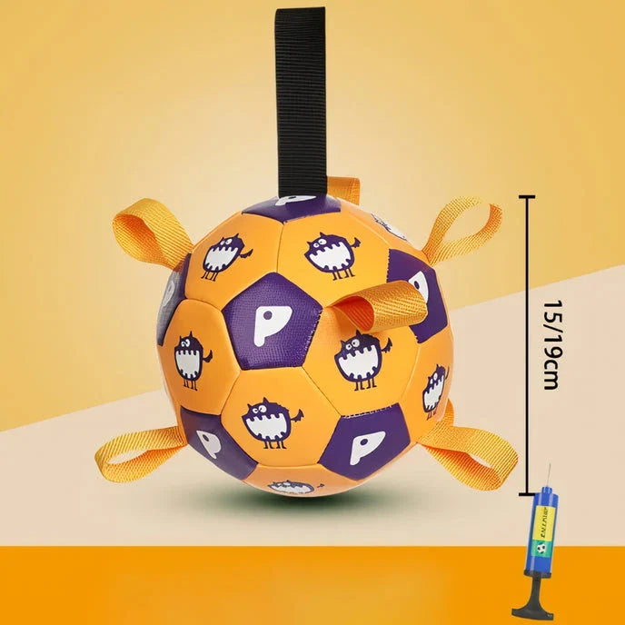An interactive dog toy in the shape of a football, featuring easy-to-grab tabs for engaging playtime.