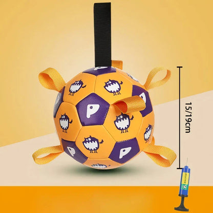 An interactive dog toy in the shape of a football, featuring easy-to-grab tabs for engaging playtime.