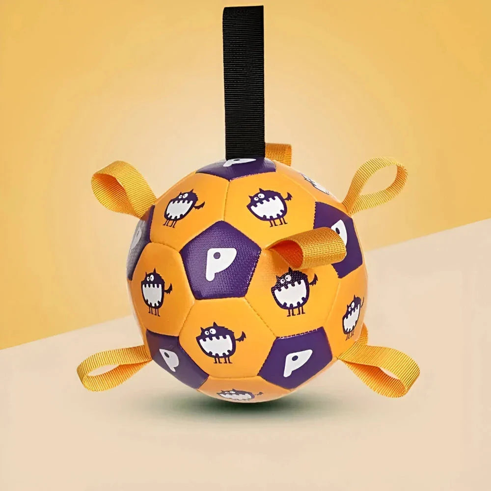 An interactive dog toy in the shape of a football, featuring easy-to-grab tabs for engaging playtime.
