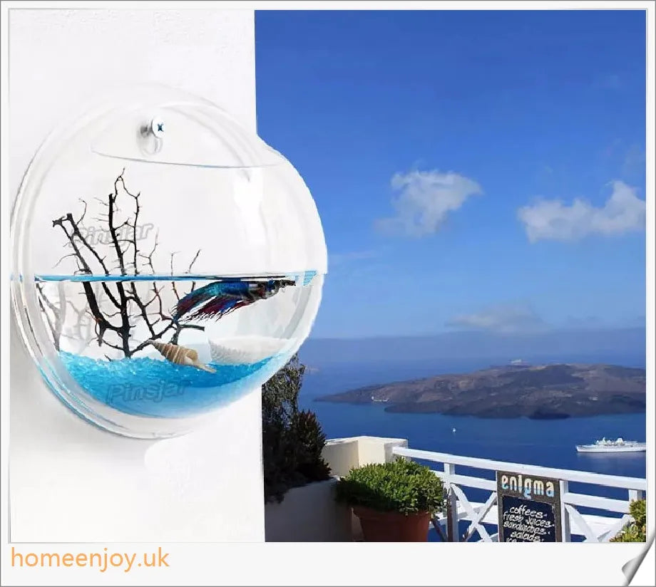 Elegant wall-mounted Betta fish aquarium made of transparent acrylic, showcasing aquatic pets in a stylish and space-saving display.