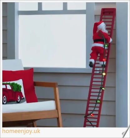 An electric Santa Claus figure climbing up a ladder, decorated in a traditional red suit and bringing festive cheer to your home.