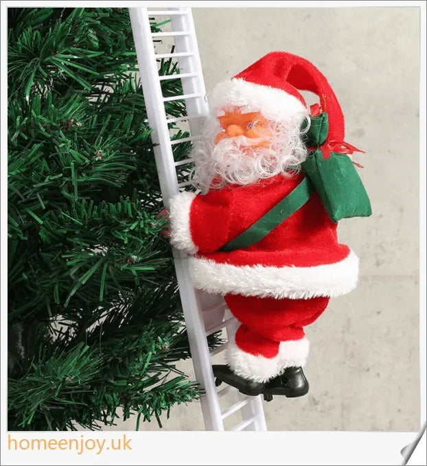 An electric Santa Claus figure climbing up a ladder, decorated in a traditional red suit and bringing festive cheer to your home.