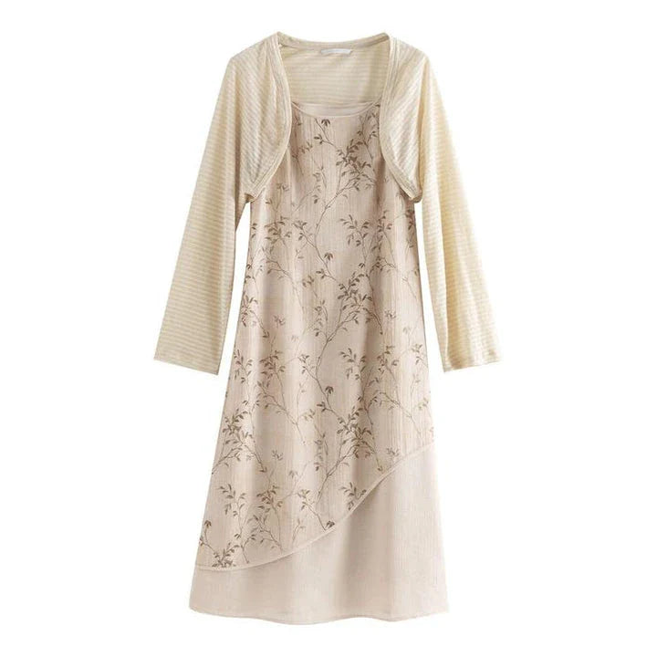 Elegant floral A-line midi dress with lace details, perfect for summer occasions