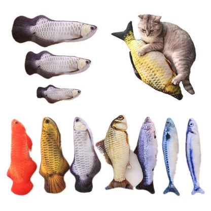 Catnip-filled plush fish toy for cats in various sizes, designed to satisfy scratching and chewing instincts