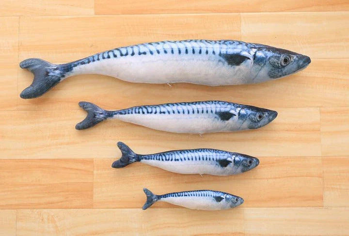 Catnip-filled plush fish toy for cats in various sizes, designed to satisfy scratching and chewing instincts