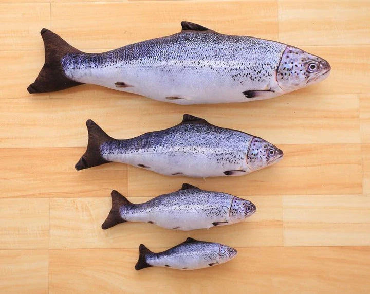 Catnip-filled plush fish toy for cats in various sizes, designed to satisfy scratching and chewing instincts