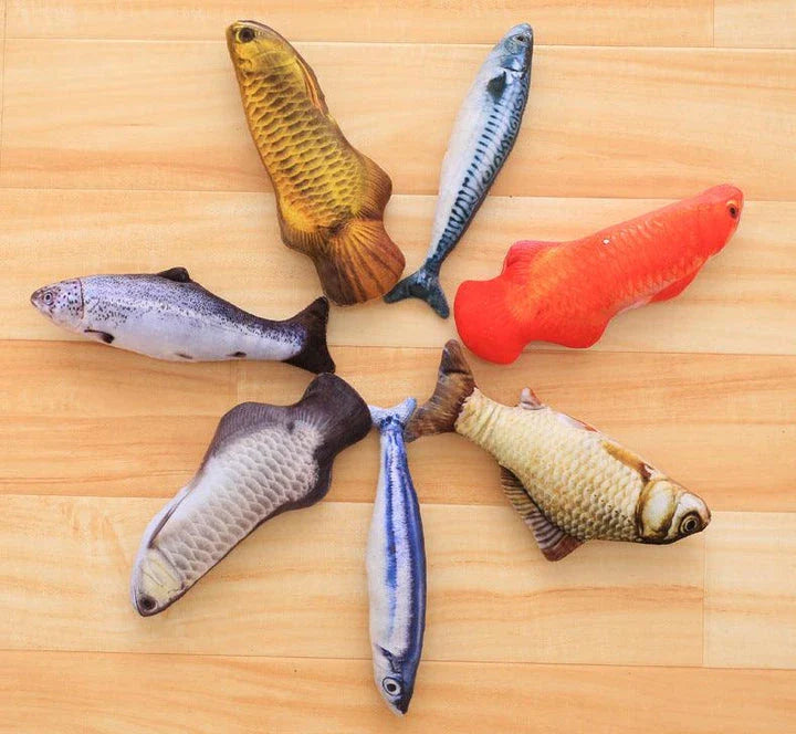 Catnip-filled plush fish toy for cats in various sizes, designed to satisfy scratching and chewing instincts