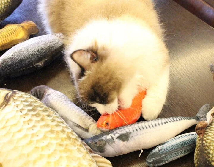 Catnip-filled plush fish toy for cats in various sizes, designed to satisfy scratching and chewing instincts
