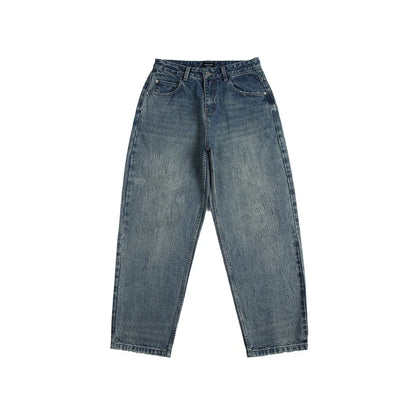 Autumn New Retro Loose Jeans in dark blue, featuring a tapered leg design and unique printing techniques for a vintage-inspired look.