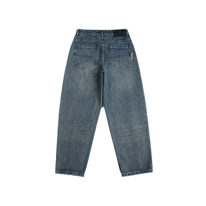 Autumn New Retro Loose Jeans in dark blue, featuring a tapered leg design and unique printing techniques for a vintage-inspired look.