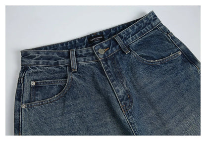 Autumn New Retro Loose Jeans in dark blue, featuring a tapered leg design and unique printing techniques for a vintage-inspired look.