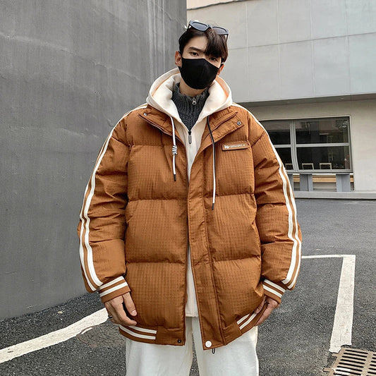 A stylish and warm men's down jacket featuring a two-piece design for a flattering fit, available in white, black, and brown colours.