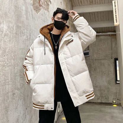 A stylish and warm men's down jacket featuring a two-piece design for a flattering fit, available in white, black, and brown colours.