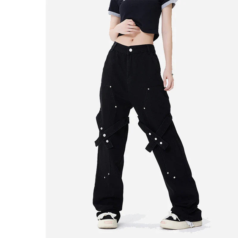 Distressed heavy industry straight casual jeans in black, featuring a premium denim construction and a lived-in, street-style inspired look.