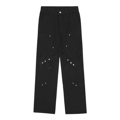 Distressed heavy industry straight casual jeans in black, featuring a premium denim construction and a lived-in, street-style inspired look.