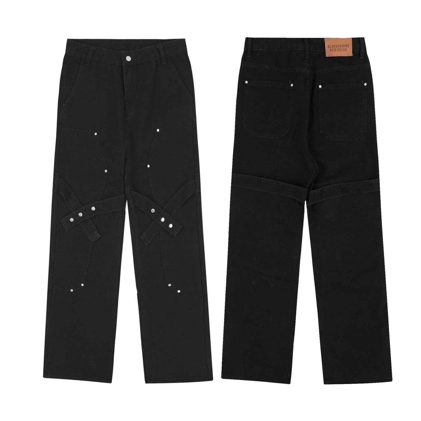Distressed heavy industry straight casual jeans in black, featuring a premium denim construction and a lived-in, street-style inspired look.