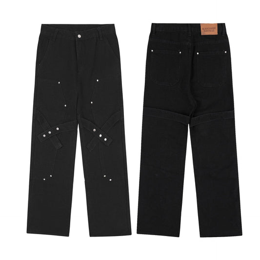 Distressed heavy industry straight casual jeans in black, featuring a premium denim construction and a lived-in, street-style inspired look.