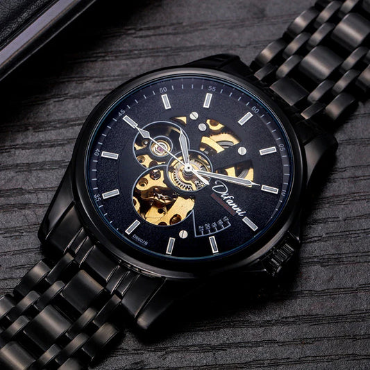 Trendha Mechanical Fully Automatic Fashion Hipster Luxury Steel Belt Watch in black color