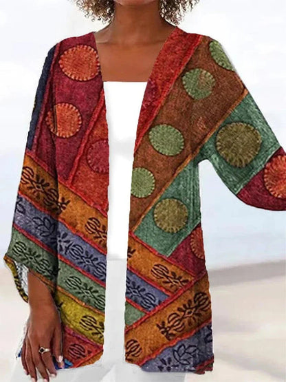 Printed Loose Top Fashion Coat in various vibrant colours, featuring a V-shaped collar and 5/4 sleeves for a modern, stylish look.